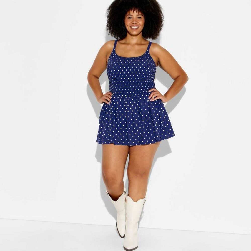 Women's Polka Dot Smocked Dress - JoyLab Navy Blue Polka Dot 2X